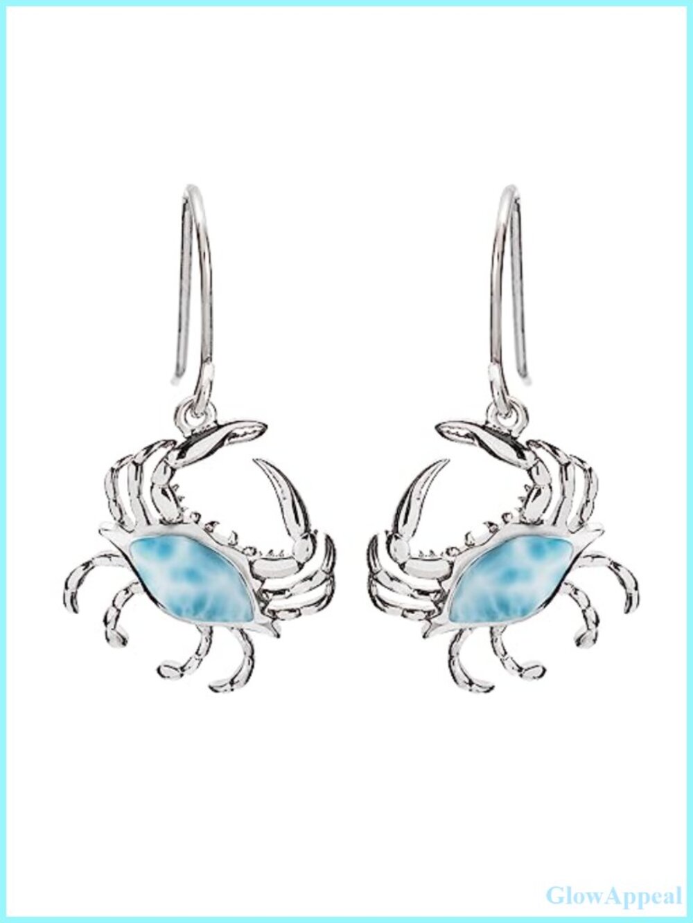 925 Sterling Silver Natural Larimar Crab Dangle Hook Earrings